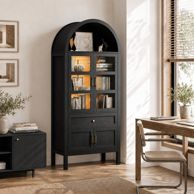 71'' Tall Full Wood Arched Bookcase with Glass Doors, Adjustable Shelves & LED Lights, Drawer, Bookshelf , Black