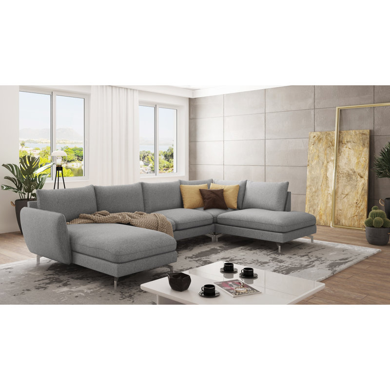 Modern U-shape Kimo Corner Sofa with Silver Metal Legs, Grey, Left Hand Facing