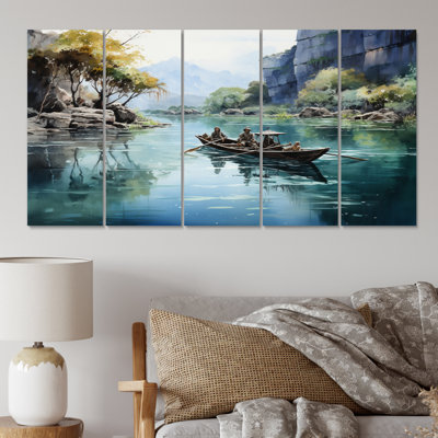 Bateau dans les voies navigables cachées du Vietnam I - décoration murale Vietnam - 5 panneaux égaux