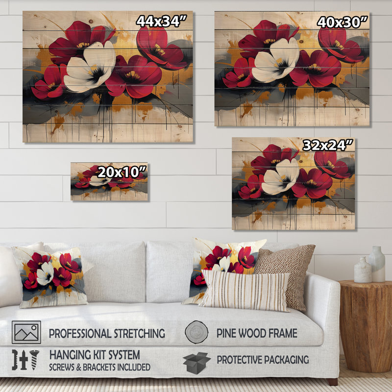 White Red Cornflowers Meadows - Cornflowers Wood Wall Decor - On Natural Pine Wood, 30" H x 40" W x 0.78" D