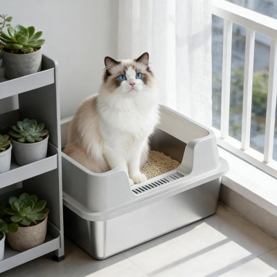 Bac à litière en acier inoxydable avec couvercle pour chats, fond antiadhésif anti-urine haut de gamme avec pelle