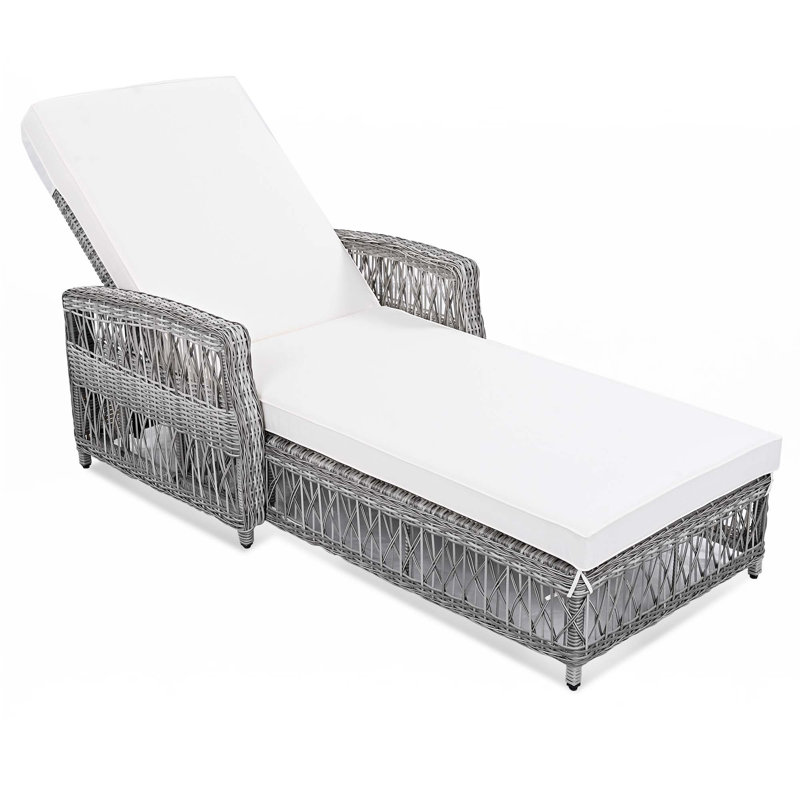 2 Pieces Long Reclining Chaise, Outdoor Wicker Lounge With Armrests, Patio Adjustable Recliner, Beige