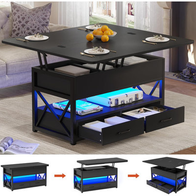  Themistocles Lift Top Coffee Table with Drawers RGB LED Lights Hidden Compartment