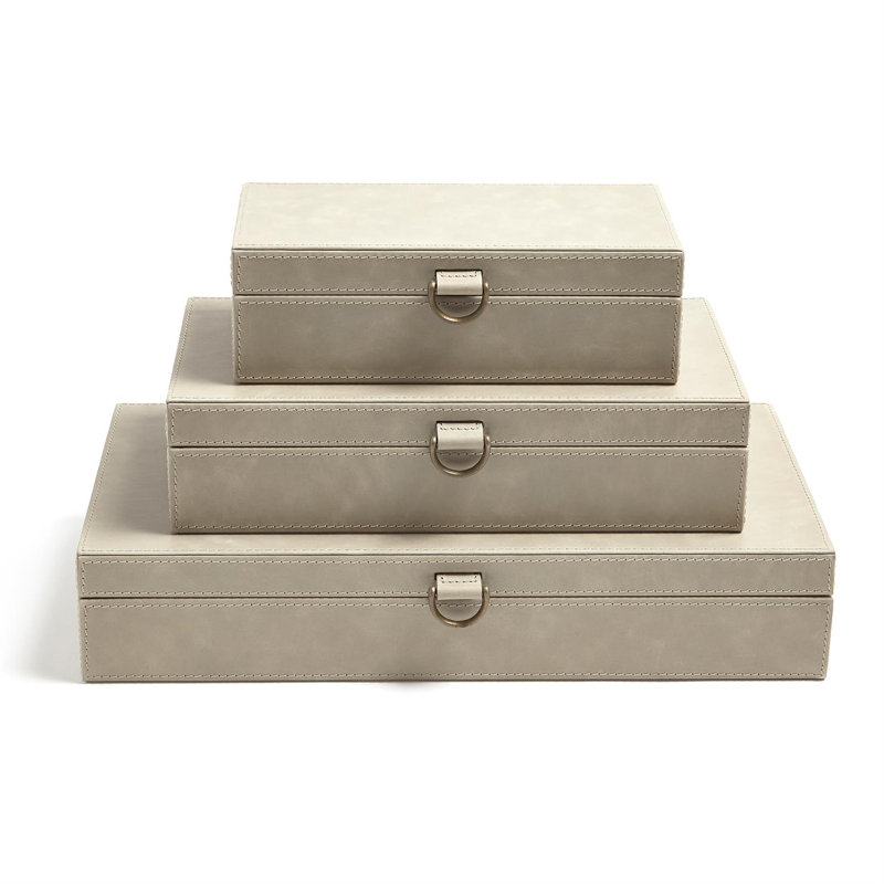 Marbled Leather D Ring Box, Light Gray, 3.25" H x 9" W x 17" D