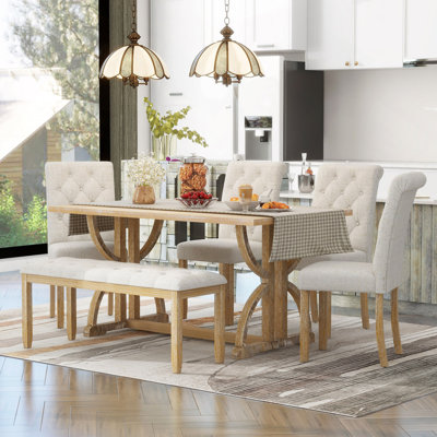 Ensemble de table de salle à manger 6 pièces, 6 pieds, 4 chaises rembourrées et 1 banc pour la salle à manger et la cuisine