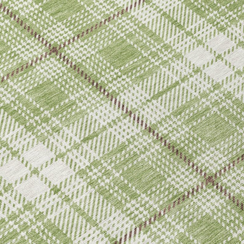 Aloe Green and White Plaid Washable Rectangular Rug