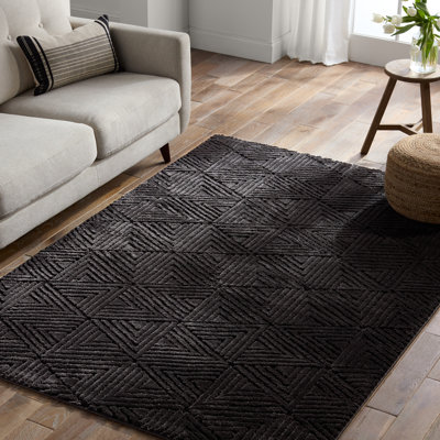 Ebern Designs Ziazan Geometric Black/Black Area Rug (18" Swatch)