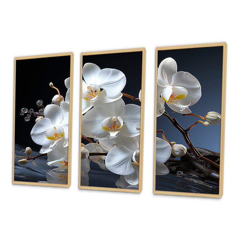 Ensemble de décorations murales orchidées blanches et jaunes, H 28 po x l 36 po x P 1 po, Cadre naturel flottant