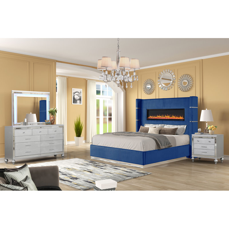 Ensemble de chambre à coucher 4 pièces Ashray, Très grand, Bleu marine