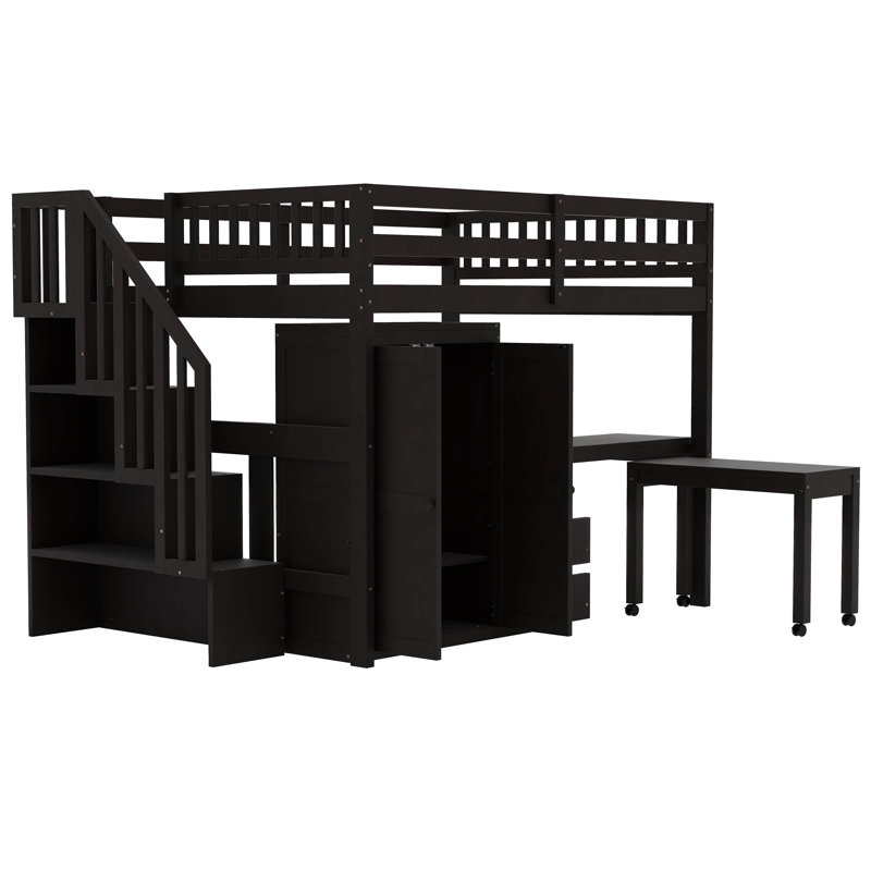 Lit mezzanine double avec escalier, bibliothèque, tiroirs, bureau et garde-robe, Espresso