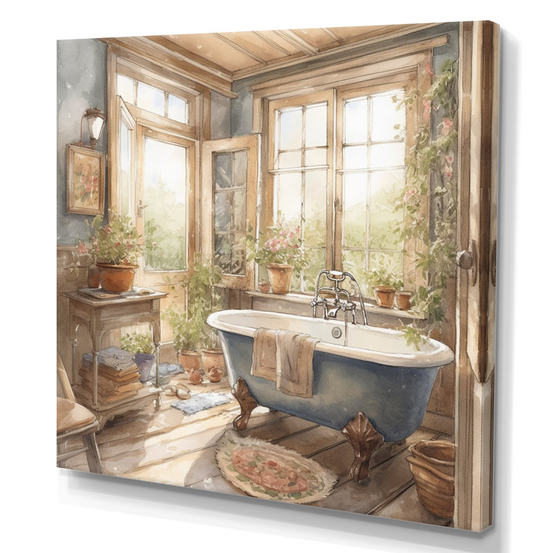 Old Farmhouse Bathtub IV - Bathroom Floral Wall Art, 24" H x 24" W x 1" D