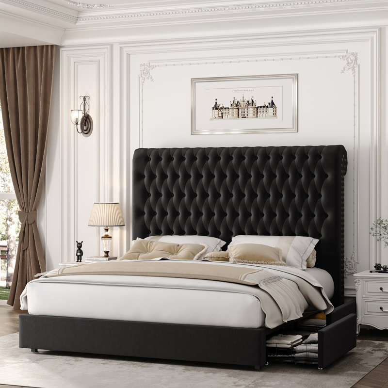 Kanisha Upholstered Storage Bed with Button Tufted Flannel Headboard, 4 Drawers, Queen, Black