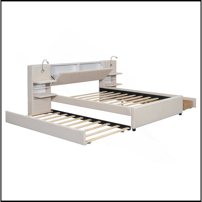 Lit plateforme tapissier avec lampes de lecture, tiroirs, lit gigogne et tablettes, Beige