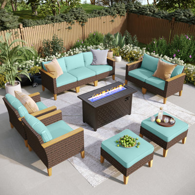 Lonsdale 9 - Person Wicker Outdoor Patio Conversation Furniture Sectional Set with Fire Pit Table