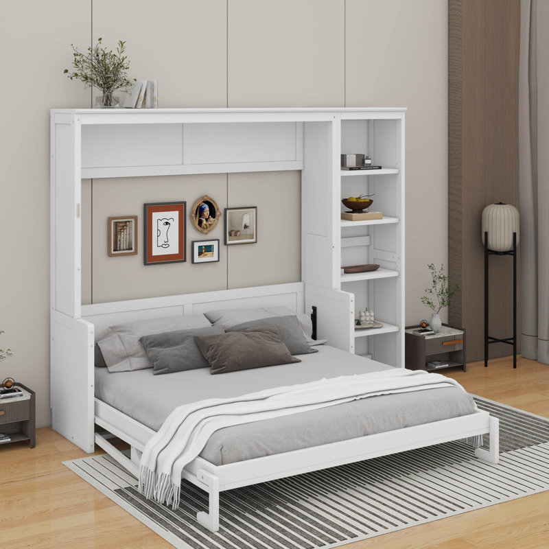Grand lit escamotable avec bureau et bibliothèque, Blanc, Grand lit