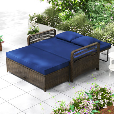 Patio Rattan Daybed Wicker Loveseat Sofa w/ Multifunctional Ottoman
