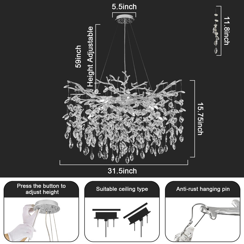Tree Branch Crystal Chandelier Lighting, Silver/White, 15.7" H x 31.5" W x 31.5" D, 10