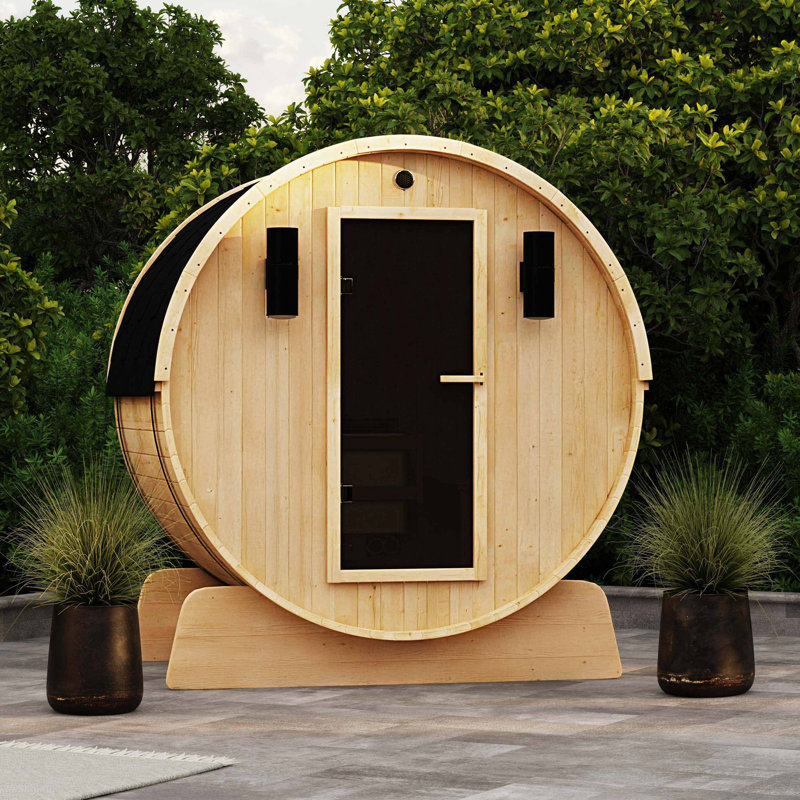 Outdoor and Indoor White Pine Barrel Sauna - 3-4 Person - 4.5 kW UL Certified Heater - Bitumen Shingle Roofing