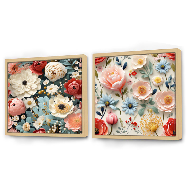 Flavio - Ensemble de 2 collages carrés floraux, Cadre flottant brun, H 30 po x l 61 po