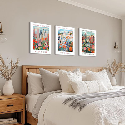 3 pièces, marché aux fleurs, art mural sur toile City Floral, images de fleurs de ville colorées, décoration murale, voyage vintage, fleurs sauvages, impressions pour salon, chambre à coucher, maison, 16 po x 24 po