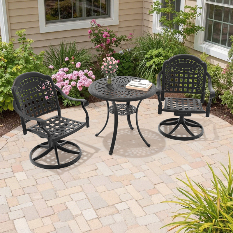 3-Piece Round Cast Aluminum Outdoor Patio Dining Set with Swivel Chairs & Cushions & Umbrella Hole, 2