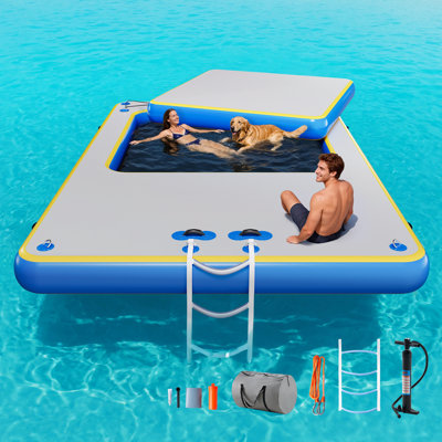 Inflatable Floating Dock Platform Set With 15 Cm Cutout, 12 Ft. L X 8 Ft. W + 6 Ft. L X 6 Ft. W, Brushed Pvc, Grey