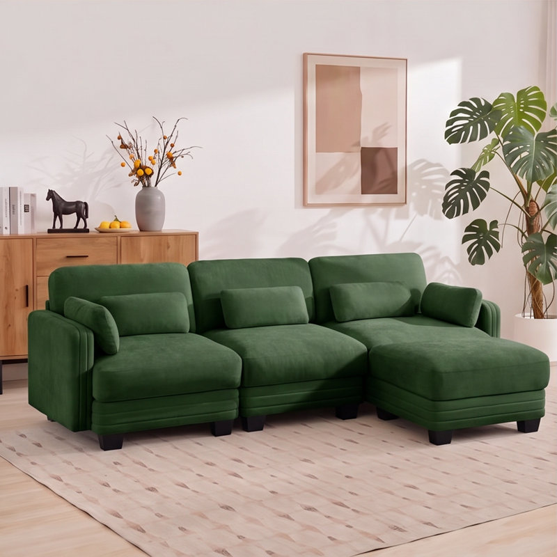 Canapé modulaire capitonné avec dossier réglable Channel, Chenille verte, 35" H x 100" W x 56.3" D
