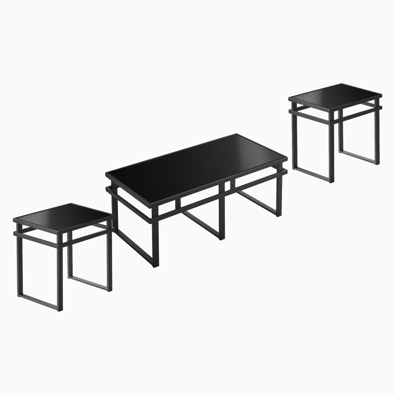 Ensemble de table de salon 3 pièces avec plateau en verre noir, table basse et 2 tables de bout