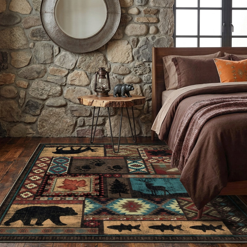 Tapis rustique lavable à la machine avec envers antidérapant Rustic Cabin Lodge, Rectangle 5 pi x 7 pi