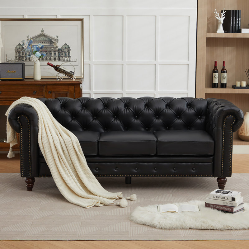 84.25'' Faux Leather Sofa With Rolled Arm, Black