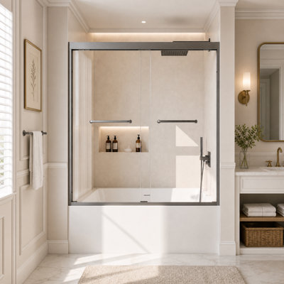 56-60" W x 60" H Framed Double Sliding Shower Door, 5/16" Tempered Glass, Gun Ash