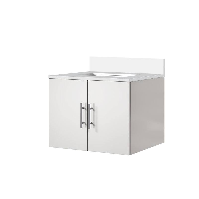 Meuble-lavabo simple l 24 po x P 22 po avec finition blanc brillant et comptage de quartz blanc