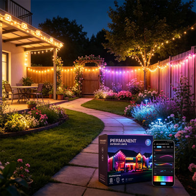Lumières fixes pour l'extérieur, lumières de toit intelligentes à DEL 50pi 30 lumières RVB, appli Music Sync et télécommande, lumières de décoration de gouttière imperméables IP67 toute l'année pour les fêtes, les fêtes
