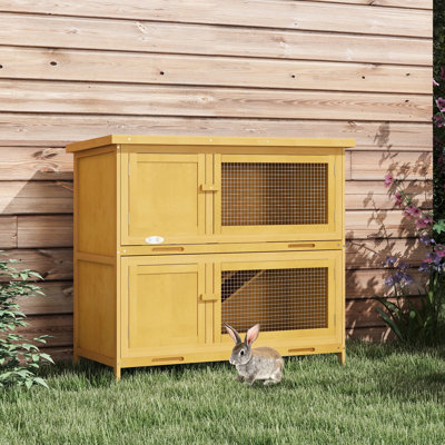 Maison jaune en bois jaune, petit animal avec rampe, plateau amovible et couvercle, lapin intérieur extérieur, toit pour et