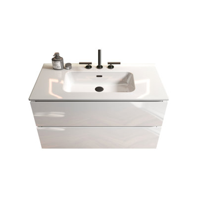 Meuble-lavabo blanc brillant de 36 po - lavabo en céramique et 3 trous de robinet, rangement abondant, tiroirs silencieux pour un mur contemporain avec un intérieur moderne abondant