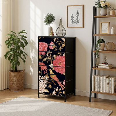 4 Drawer Vertical Storage Dresser Peonies pheasants Floral vintage flowers birds Black pink with Wood Top Fabric Pull Drawers