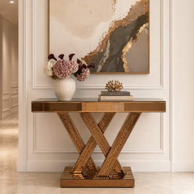 35.43'' Modern Console Table with Crushed Diamond Inlay,Brown Mirrored Glass Entryway Table for Living Room, Hallway