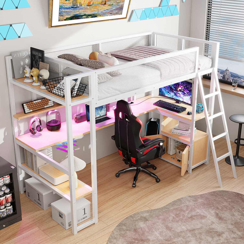Lit mezzanine simple avec DEL, station de charge et rangement, Blanc