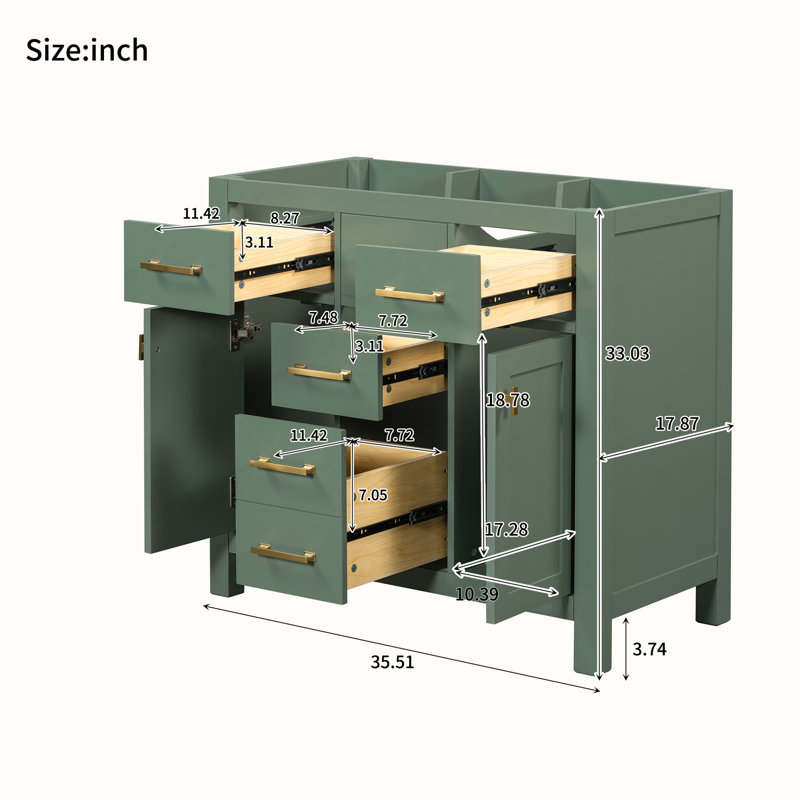 36" Green Solid Wood Bathroom Vanity Cabinet with Gold Hardware