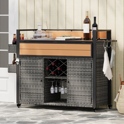 K&K 52.8"W Wicker Outdoor Grill Cart With Extended Plastic Wood Table Top, Rolling Kitchen Island On Wheels With Storage Cabinet, For Patio Backyard Garden Poolside, Double Handle Design, Grey