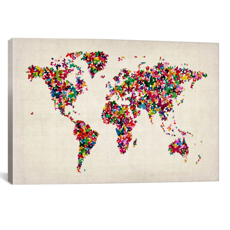 « papillons world map ii », impression sur toile, H 12 po x l 18 po x P 1,5 po, Pas de tapis, Toile tendue