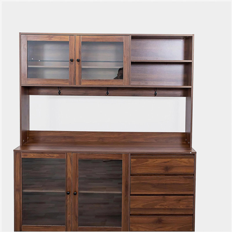 63 Inches W Large Kitchen Wall Cabinet, Freestanding Storage Cabinet Kitchen Cabinet, with 4 Doors, 4 Drawers, and Microwave Rack, Walnut Color