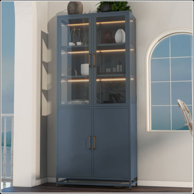Vitrine haute 76,75 po avec portes en verre et lumières DEL - bleu foncé