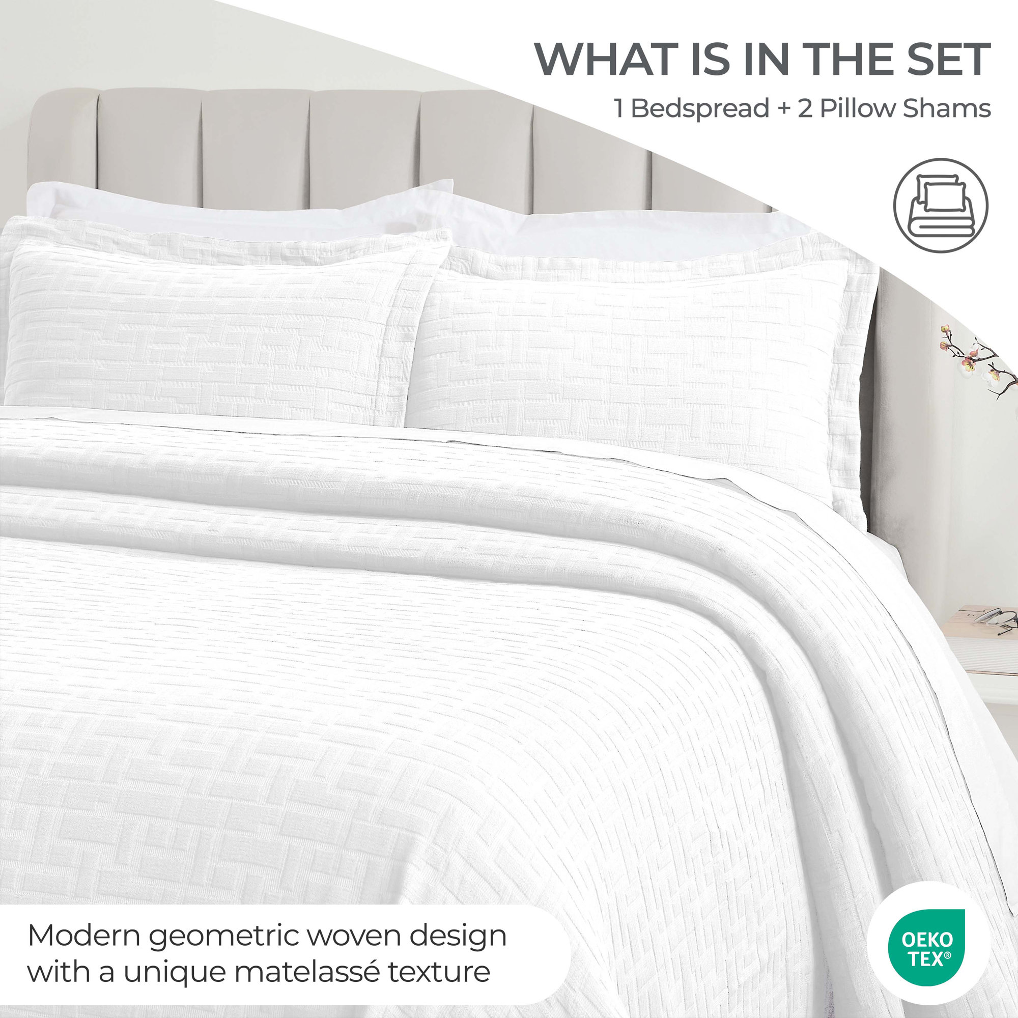 Madrid Cotton Medium Weight Geometric Matelasse Bedspread And Sham Set, White, California King Bedspread + 2 King Shams