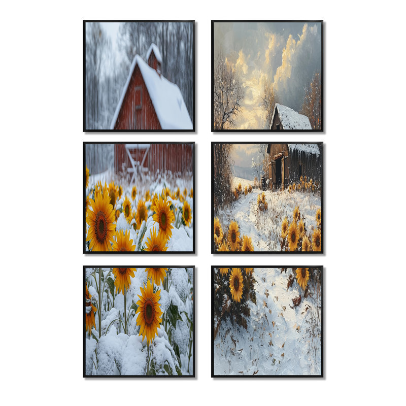 Ensemble de 6 décorations murales Sunflowers By The Frosty, Impression encadrée sans passe-partout, Black