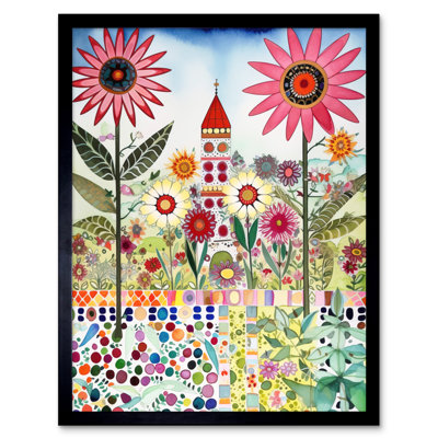 Countryside Chapel Garden Folk Art Watercolour Painting Artwork Framed Wall Art Print 9X7 Inch