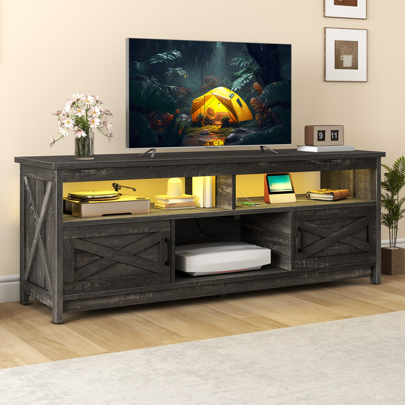 Modern Mid-Century Entertainment Center Media Console Table TV Stand With Power Outlet Storage Cabinets And Open Shelf, Gray
