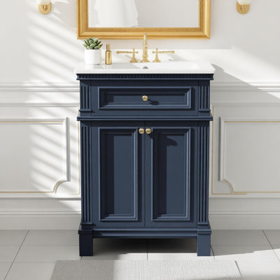 Armoire de salle de bain 24 po Vintage Elegance avec portes à fermeture douce et tablette réglable, meuble-lavabo avec lavabo en céramique