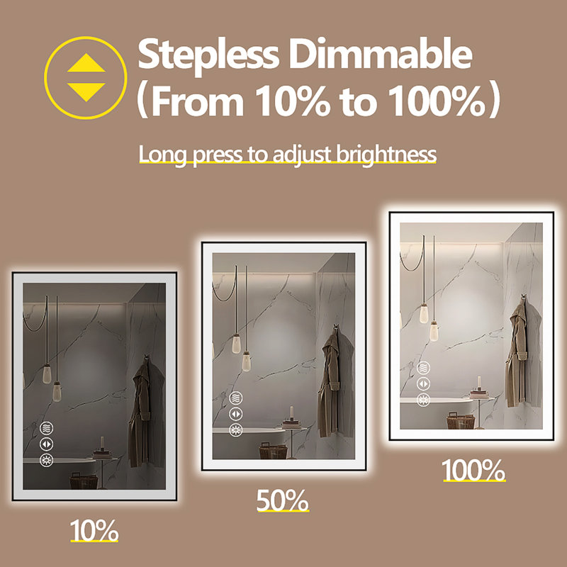 , 32 po x 36 po, miroir de salle de bain à DEL intelligent, éclairage à intensité variable, 3 réglages de température de couleur, interrupteur antibrouillard intégré, interrupteur mural, Ul, luminosité réglable en verre trempé de 5 mm, encastré