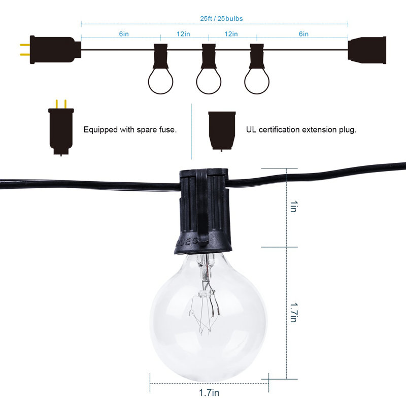 25ft 25-Bulb Outdoor Plug-in Globe String Lights Shatterproof Connectable 2200k Warm Glow